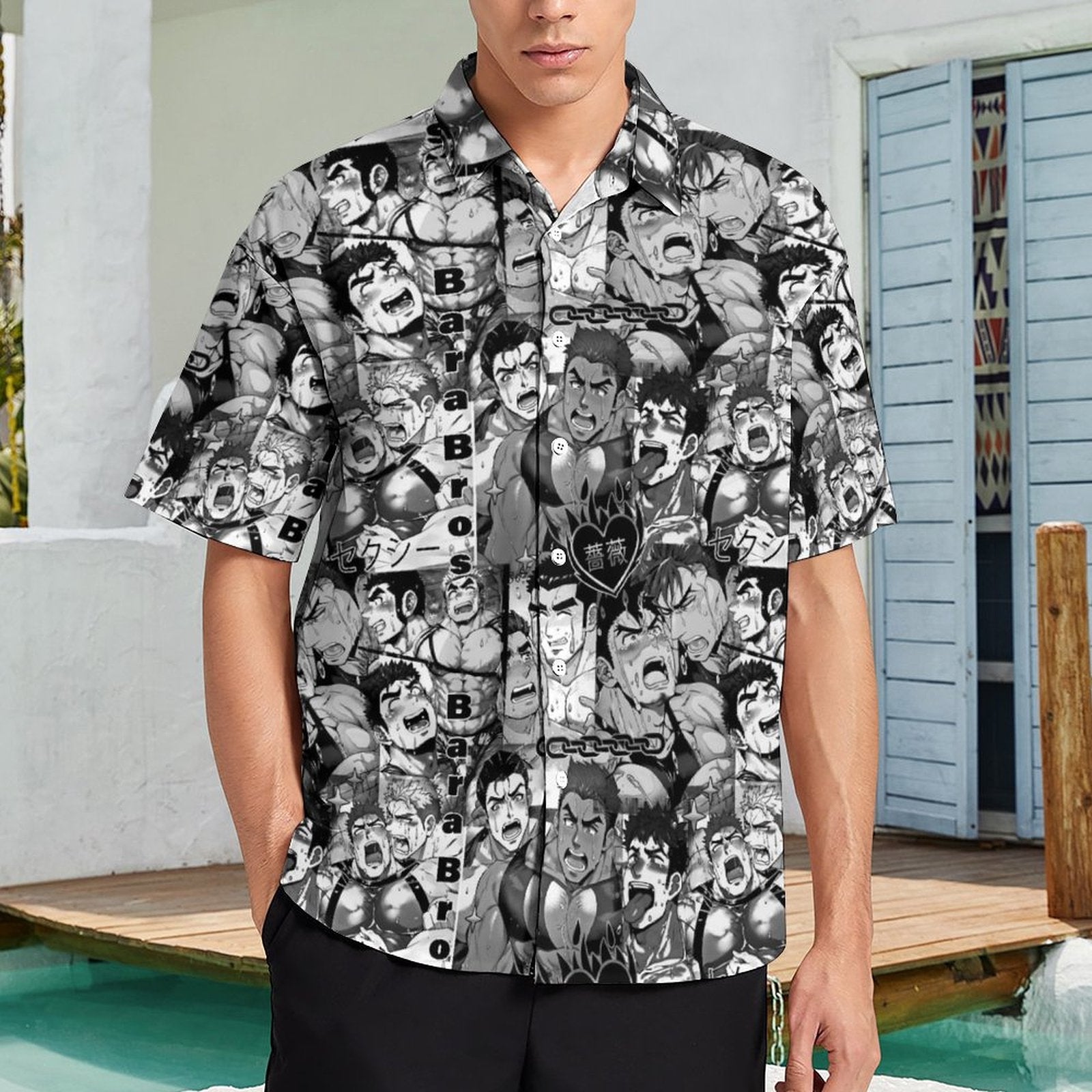 Men’s Gay Bara Art Button-Up Shirt – Stylish Gay Anime Shirt