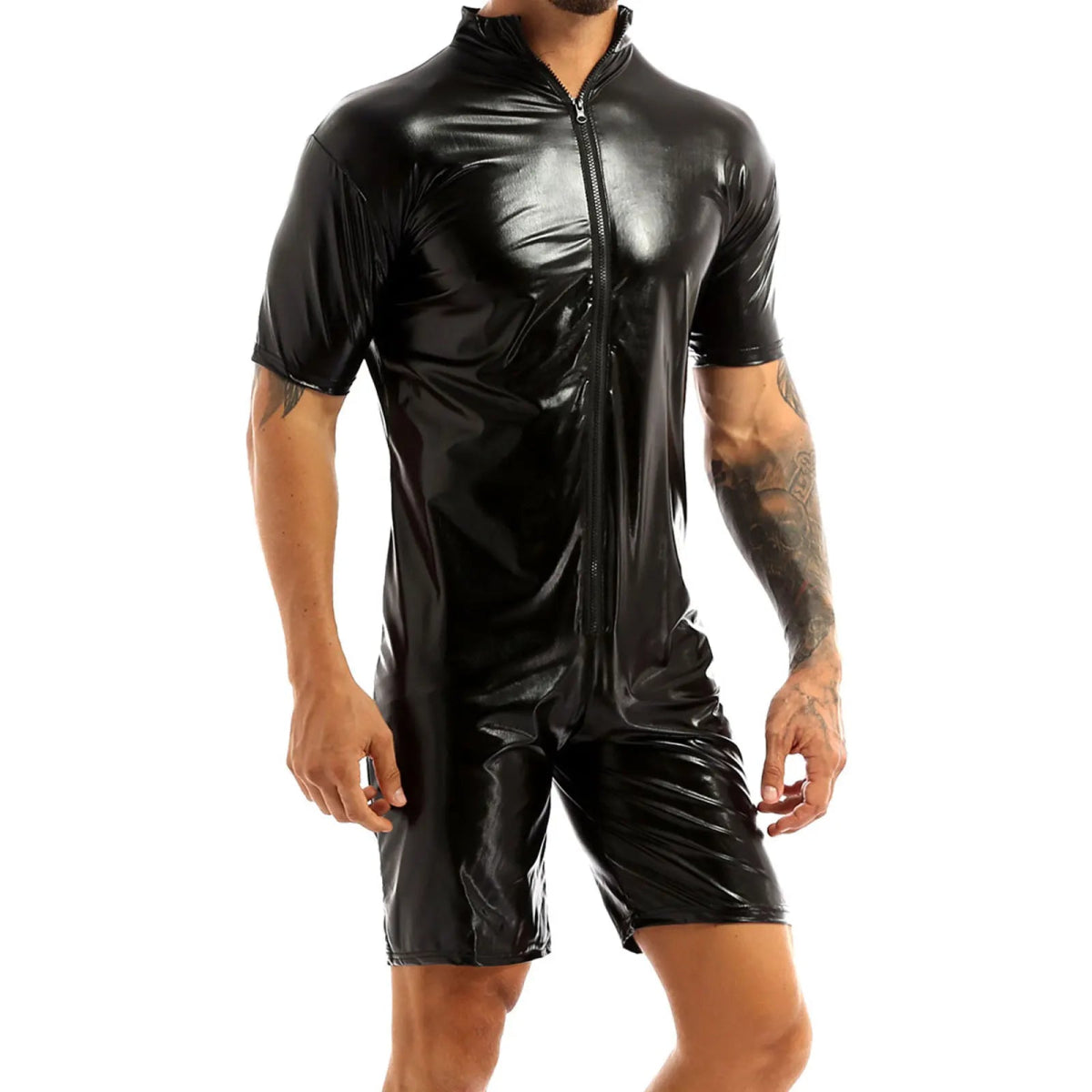 Men's Black Latex Catsuit Sexy Front Zipper Jumpsuit - Bara Bros