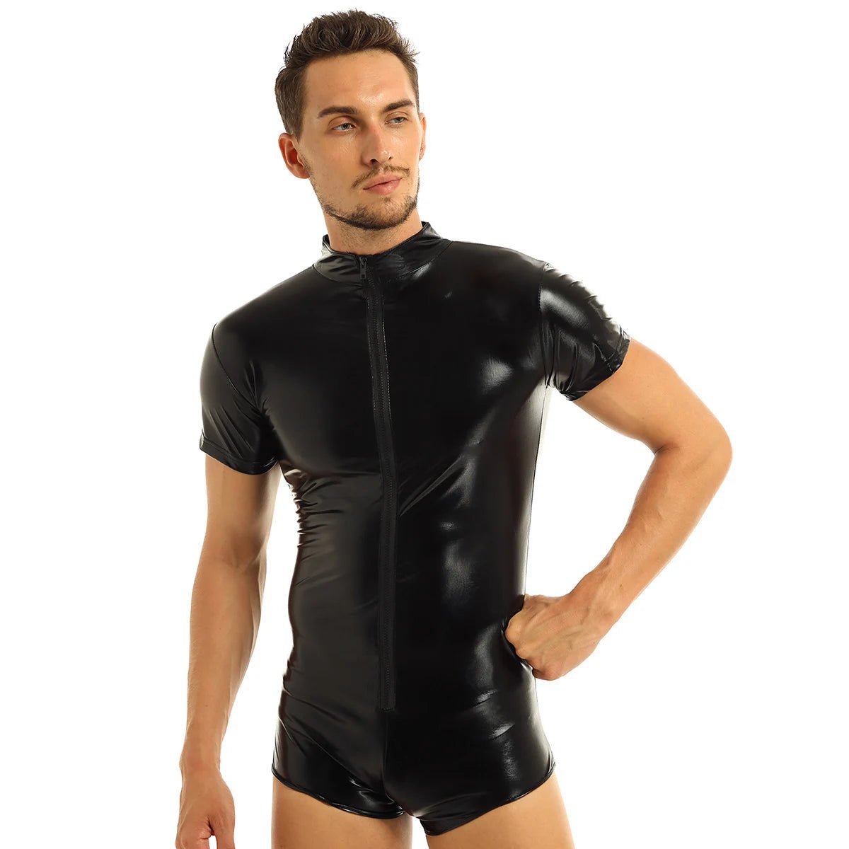 Men's Black Latex Catsuit Sexy Front Zipper Jumpsuit - Bara Bros