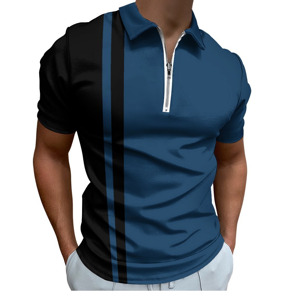 Men's Modern Color Block Polo with Front Zip, Trendy Sporty Collared Tee - Bara Bros