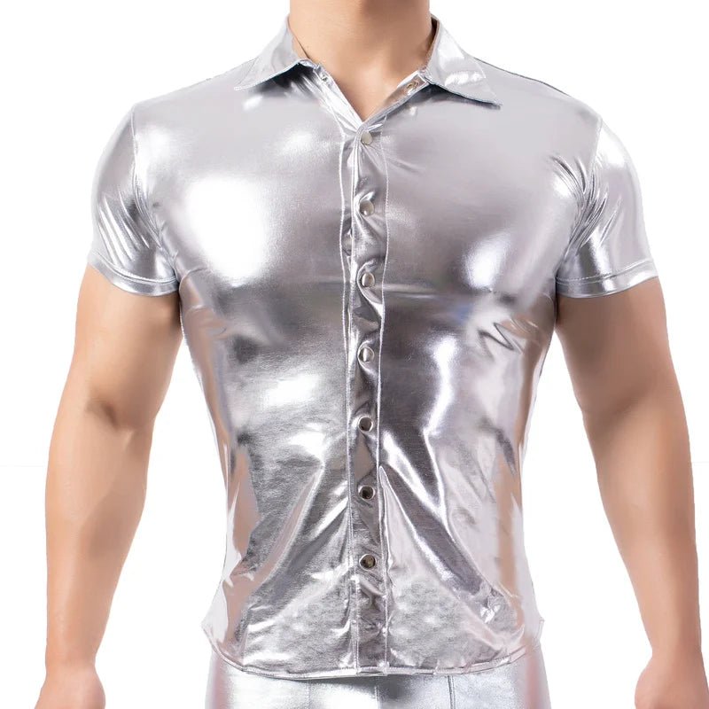 Men's Sexy Short Sleeve Leather Tee Dance Shirt - Bara Bros