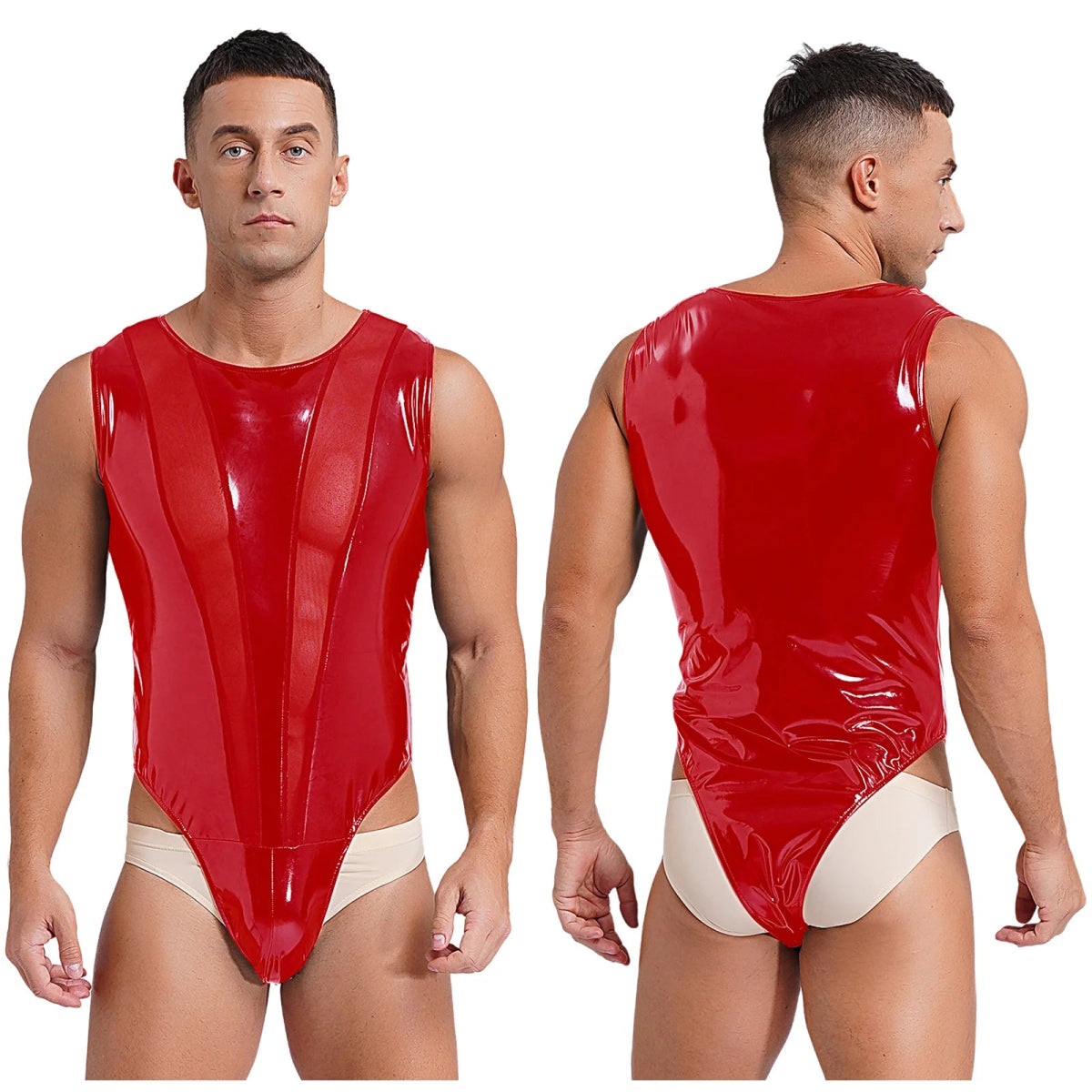 Men’s Wet Look Leather Mesh Bodysuit with Button Crotch - Bara Bros