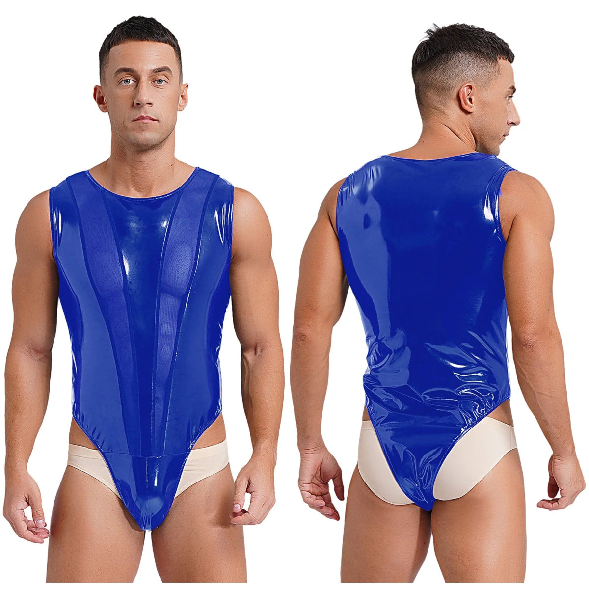 Men’s Wet Look Leather Mesh Bodysuit with Button Crotch - Bara Bros