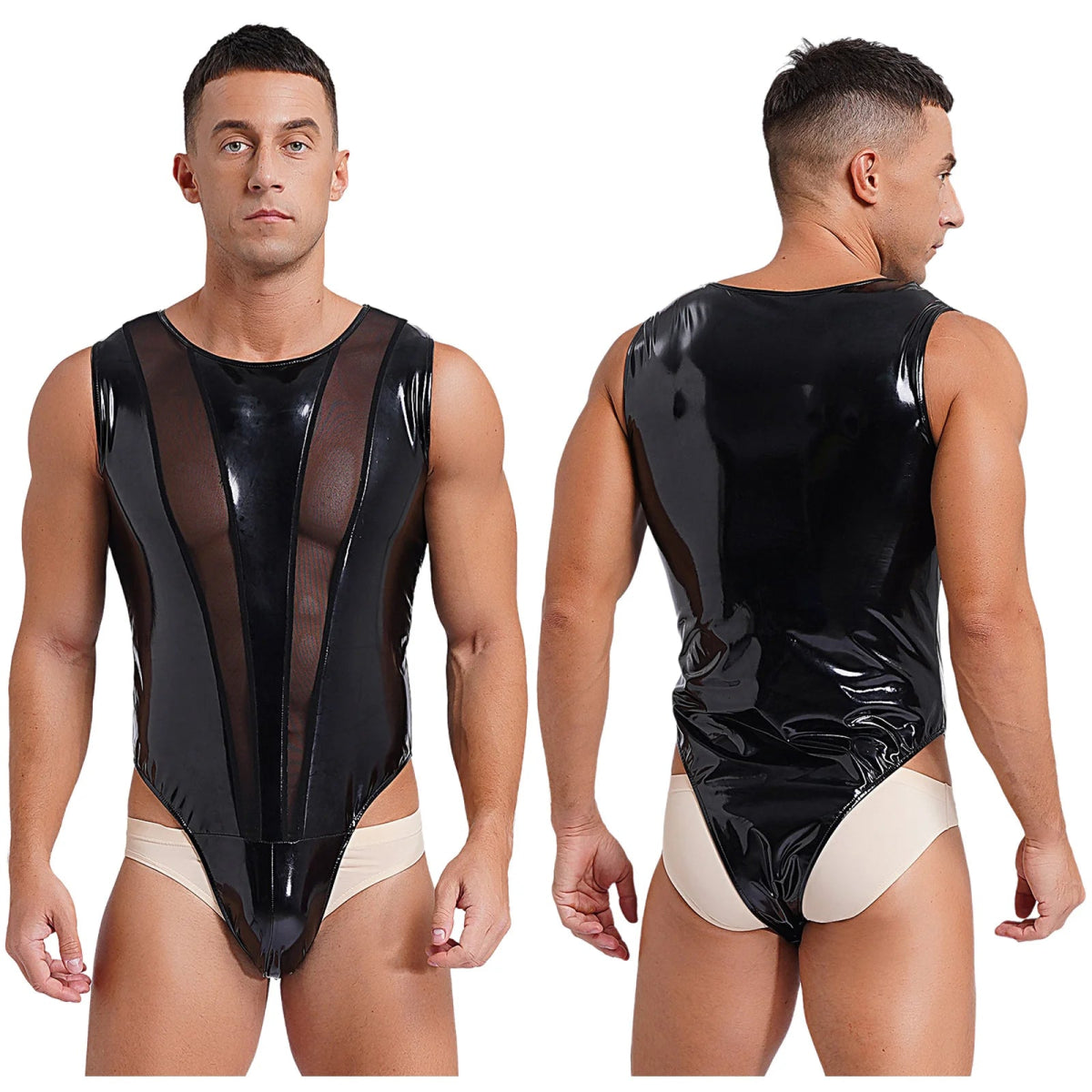 Men’s Wet Look Leather Mesh Bodysuit with Button Crotch - Bara Bros