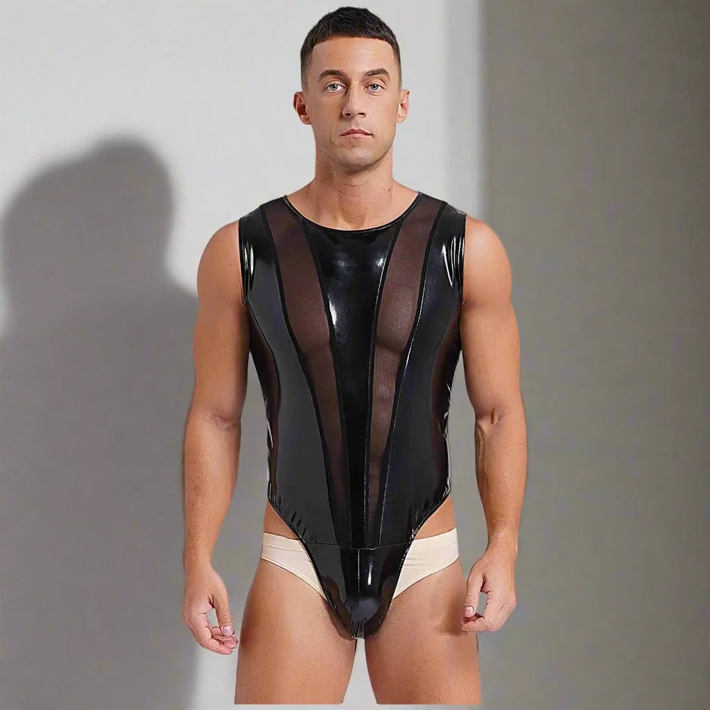 Men’s Wet Look Leather Mesh Bodysuit with Button Crotch - Bara Bros