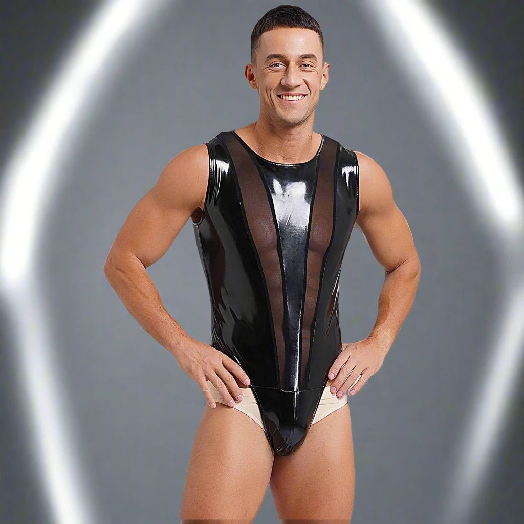 Men’s Wet Look Leather Mesh Bodysuit with Button Crotch - Bara Bros