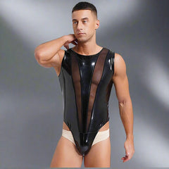 Men’s Wet Look Leather Mesh Bodysuit with Button Crotch - Bara Bros