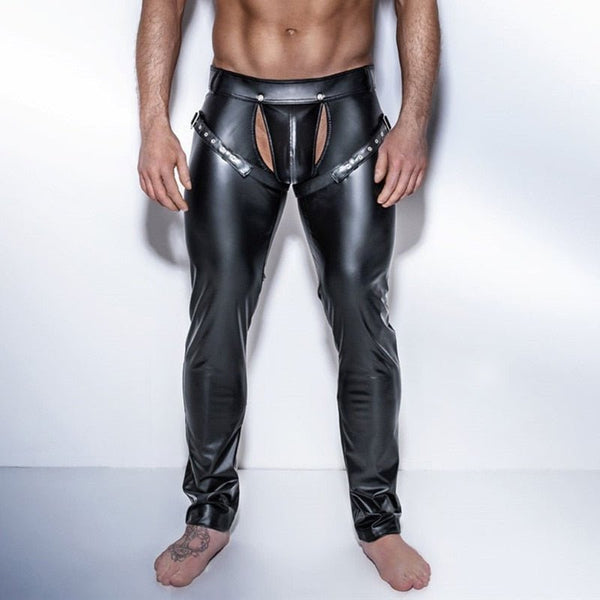 Gay Men's Leather Open Crotch PU Leather Latex Pants