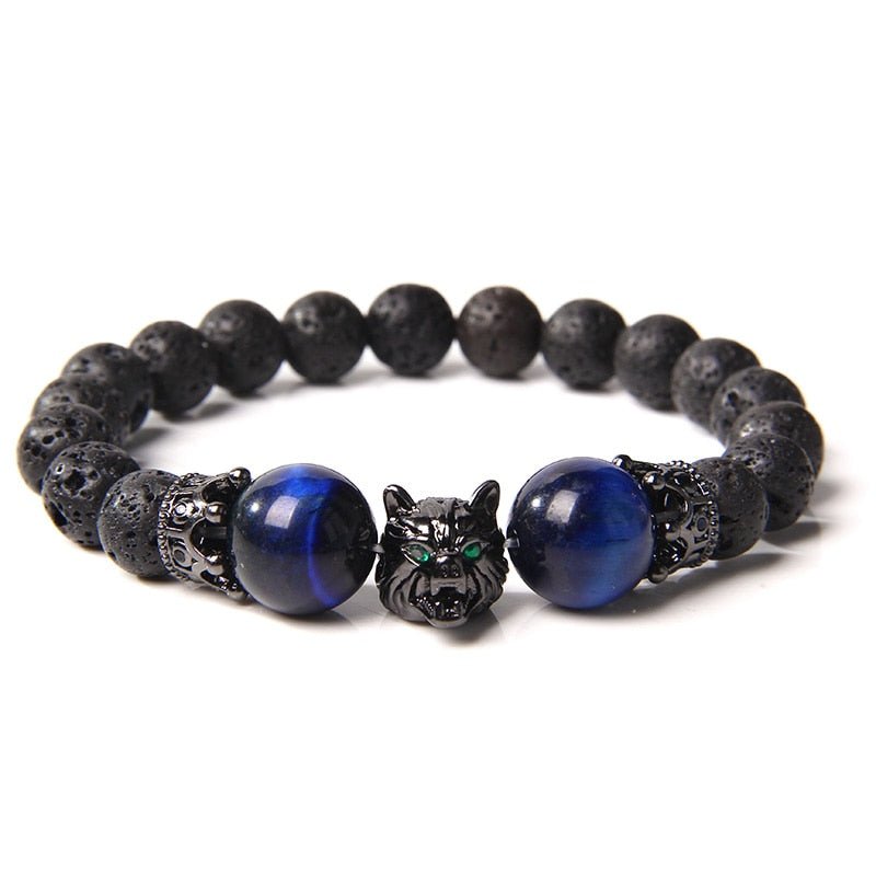 Wolf Charm Bracelets Men Natural Black Lava Stone - Bara Bros