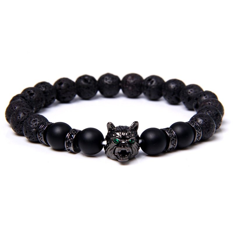 Wolf Charm Bracelets Men Natural Black Lava Stone - Bara Bros