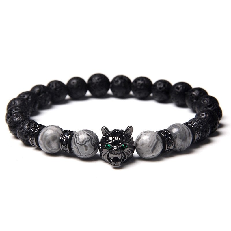 Wolf Charm Bracelets Men Natural Black Lava Stone - Bara Bros