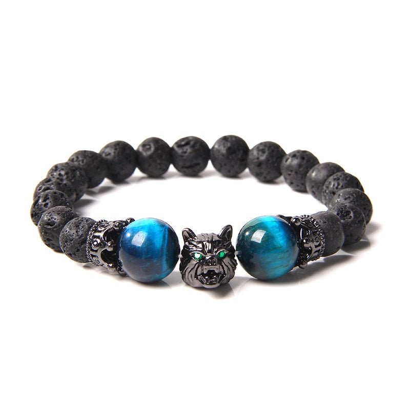 Wolf Charm Bracelets Men Natural Black Lava Stone - Bara Bros