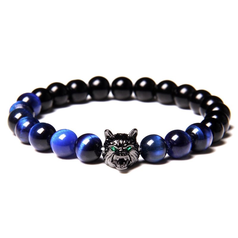 Wolf Charm Bracelets Men Natural Black Lava Stone - Bara Bros