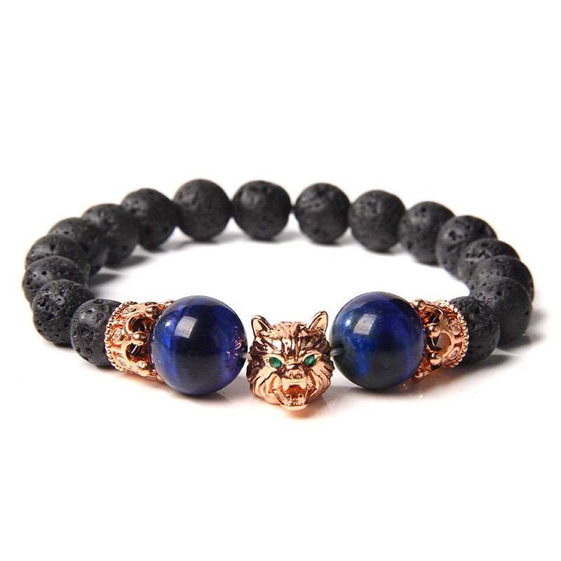 Wolf Charm Bracelets Men Natural Black Lava Stone - Bara Bros