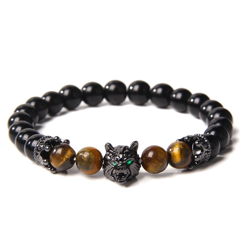 Wolf Charm Bracelets Men Natural Black Lava Stone - Bara Bros