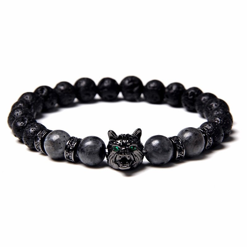 Wolf Charm Bracelets Men Natural Black Lava Stone - Bara Bros