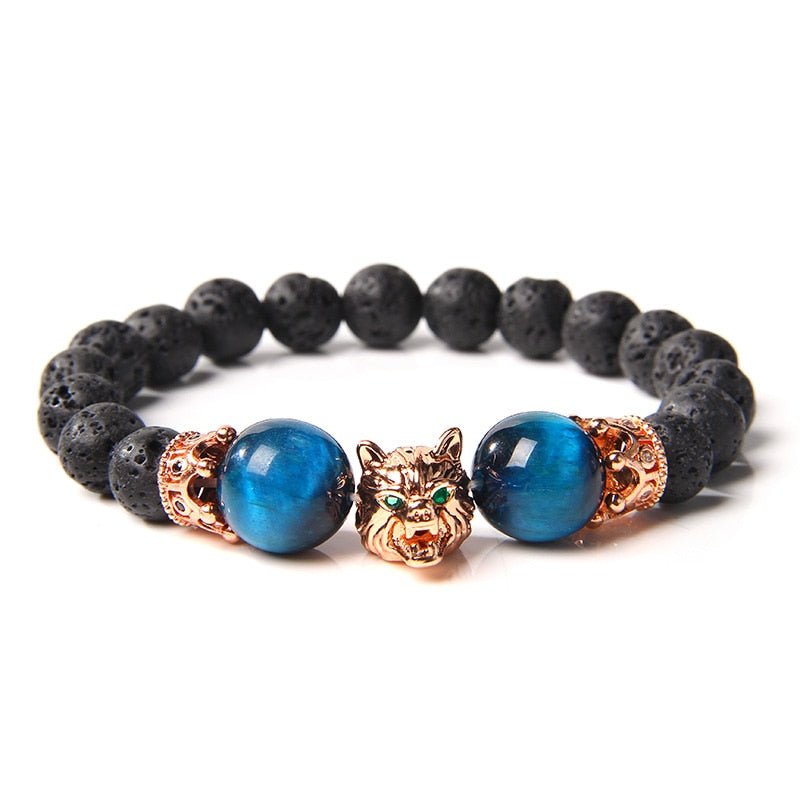 Wolf Charm Bracelets Men Natural Black Lava Stone - Bara Bros