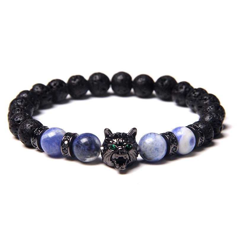 Wolf Charm Bracelets Men Natural Black Lava Stone - Bara Bros