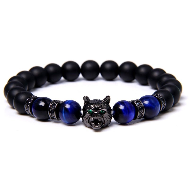 Wolf Charm Bracelets Men Natural Black Lava Stone - Bara Bros