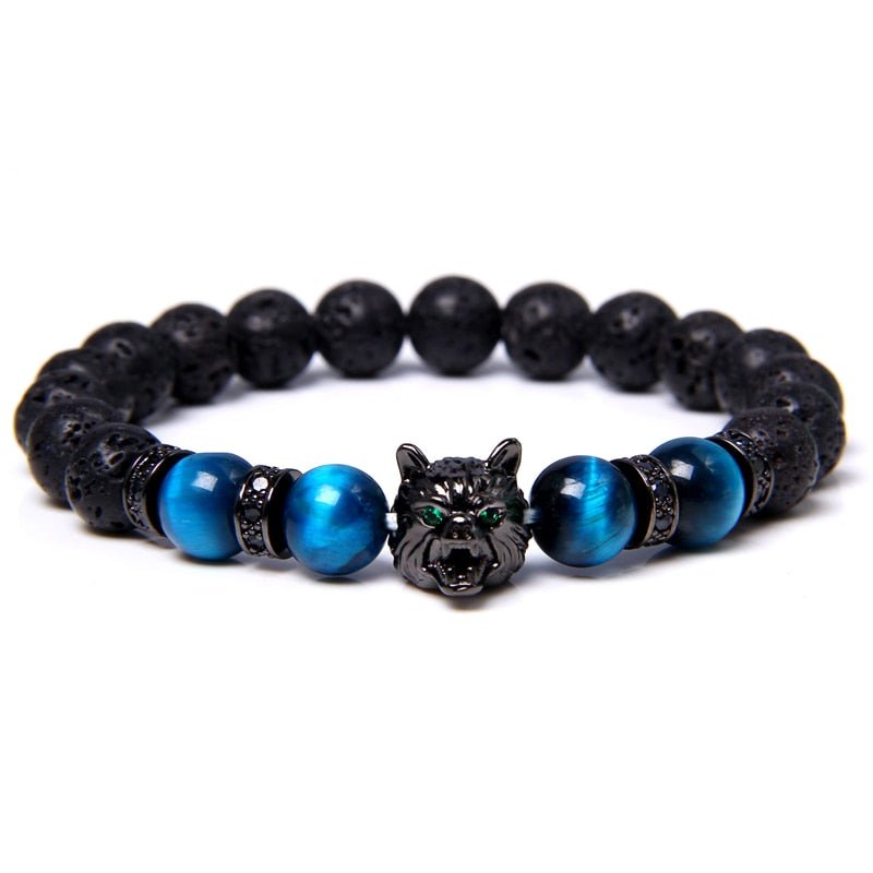 Wolf Charm Bracelets Men Natural Black Lava Stone - Bara Bros