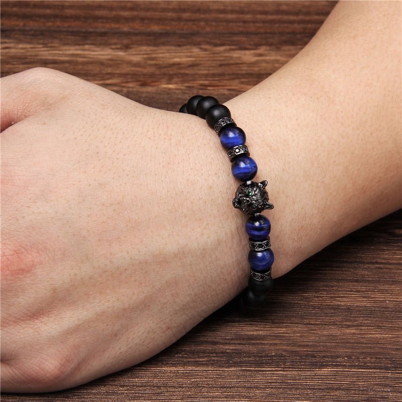 Wolf Charm Bracelets Men Natural Black Lava Stone - Bara Bros