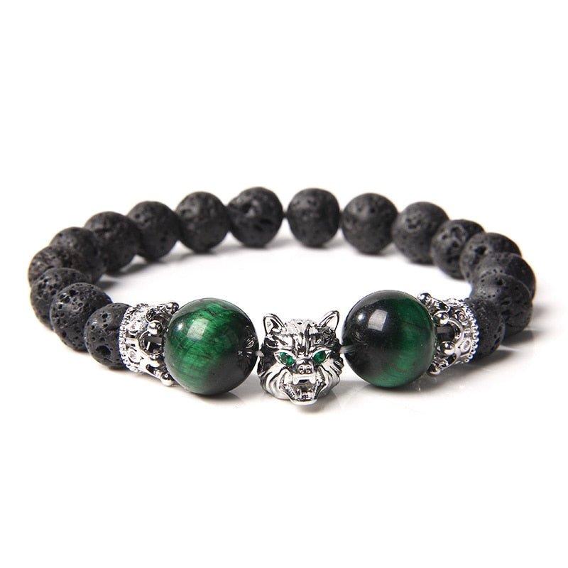 Wolf Charm Bracelets Men Natural Black Lava Stone - Bara Bros