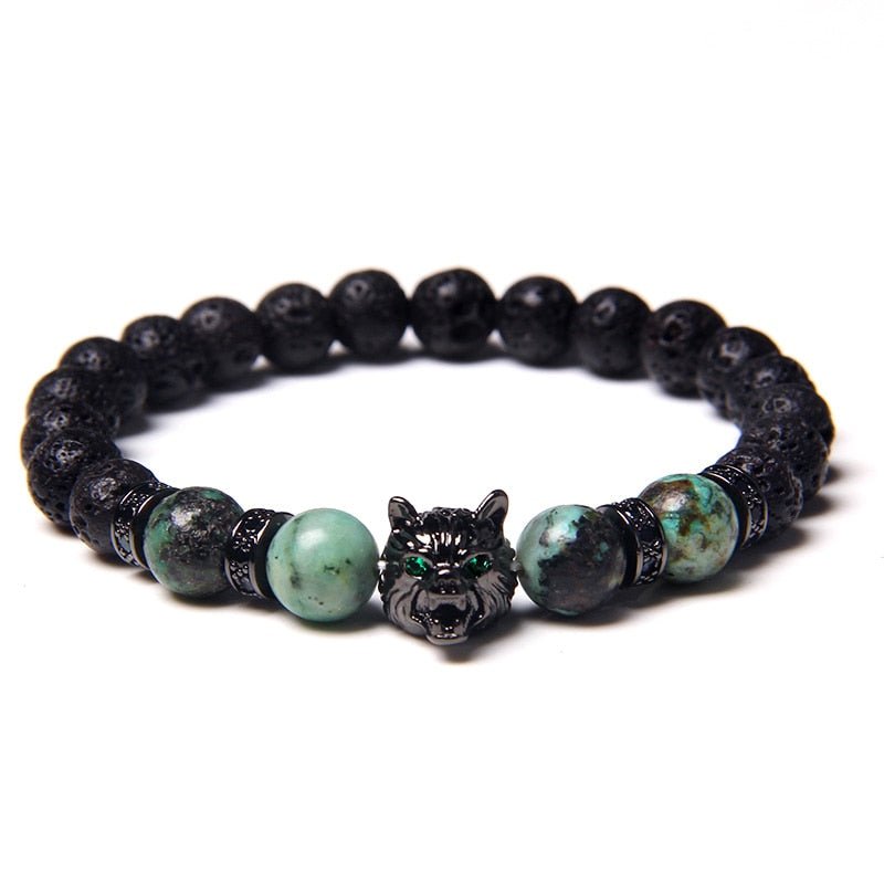 Wolf Charm Bracelets Men Natural Black Lava Stone - Bara Bros