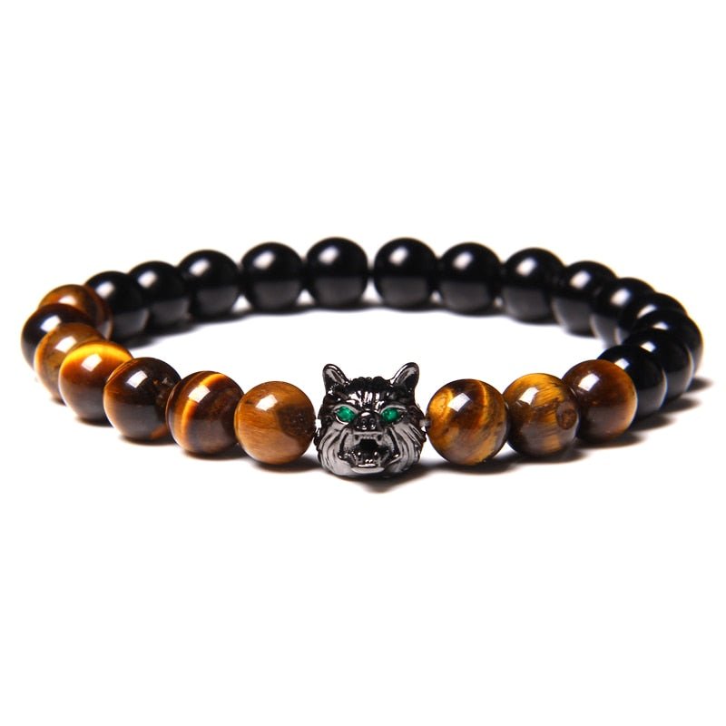 Wolf Charm Bracelets Men Natural Black Lava Stone - Bara Bros