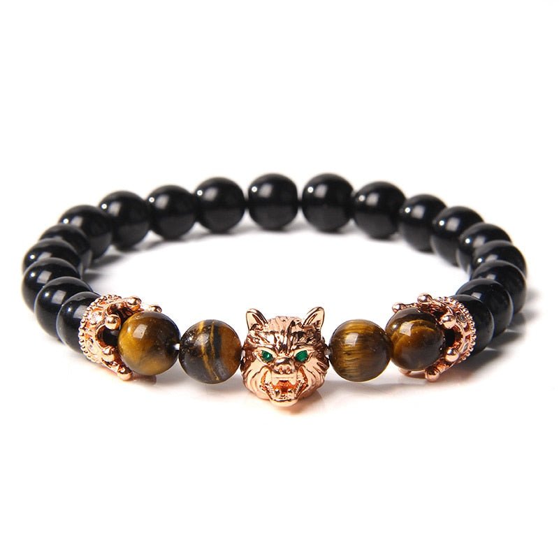 Wolf Charm Bracelets Men Natural Black Lava Stone - Bara Bros