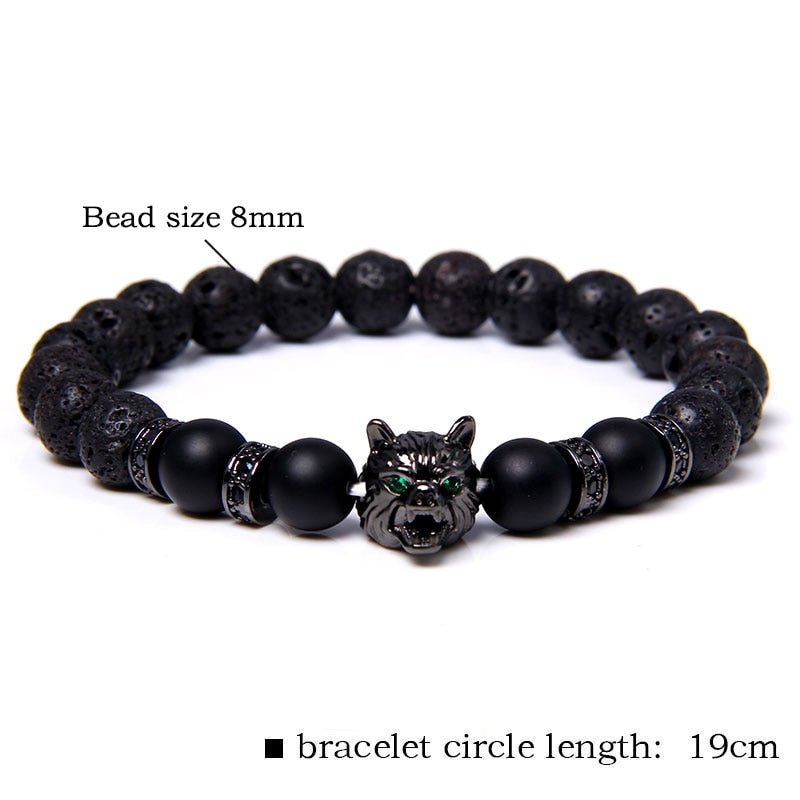 Wolf Charm Bracelets Men Natural Black Lava Stone - Bara Bros