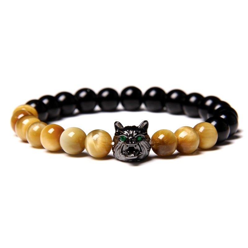 Wolf Charm Bracelets Men Natural Black Lava Stone - Bara Bros