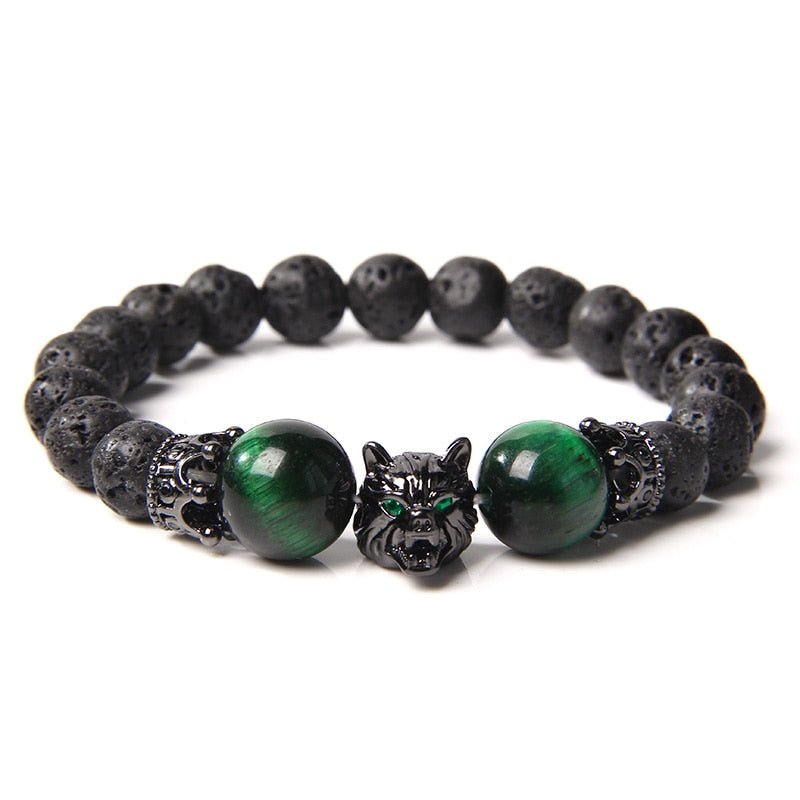 Wolf Charm Bracelets Men Natural Black Lava Stone - Bara Bros