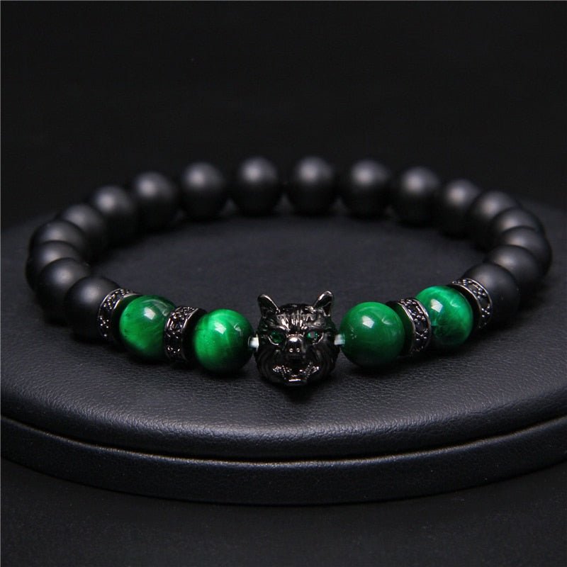 Wolf Charm Bracelets Men Natural Black Lava Stone - Bara Bros