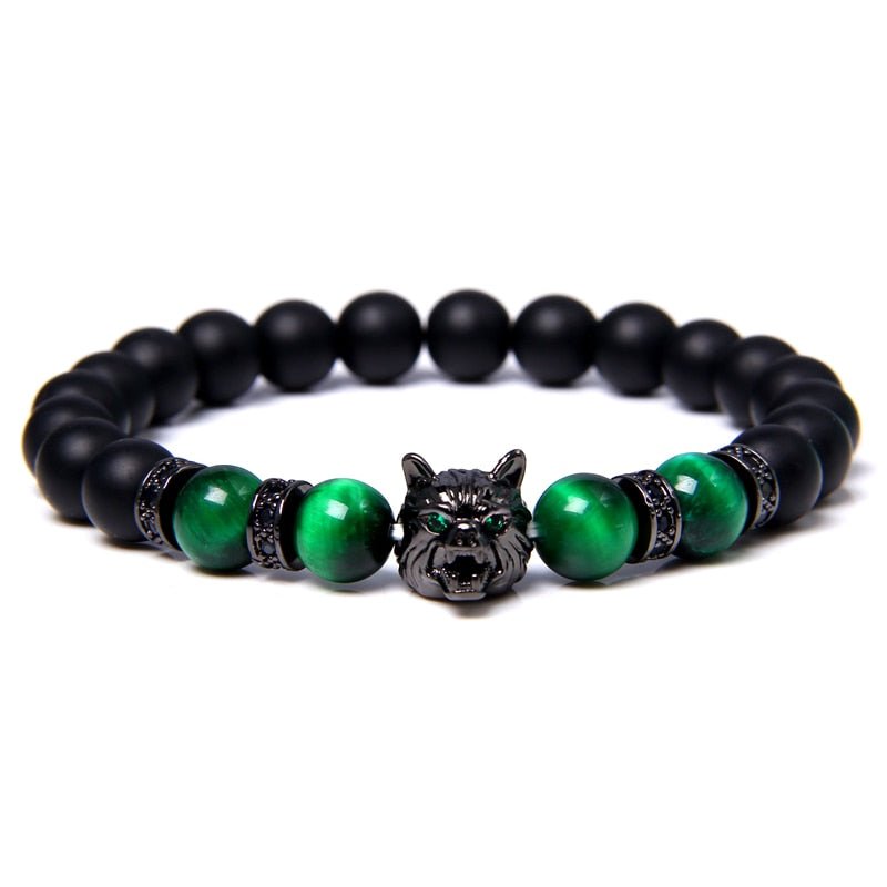 Wolf Charm Bracelets Men Natural Black Lava Stone - Bara Bros