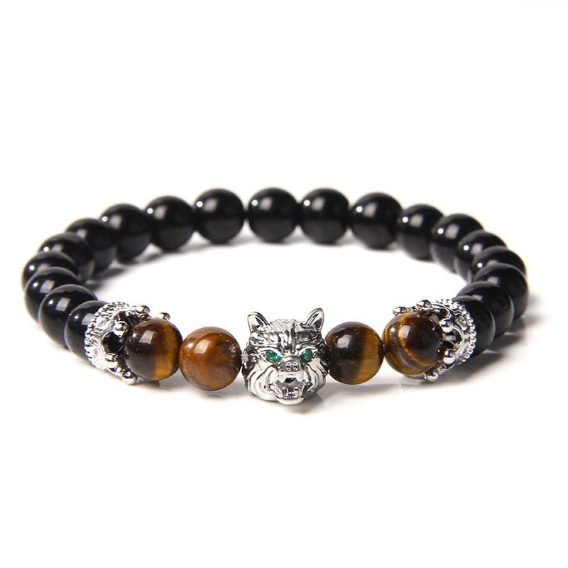 Wolf Charm Bracelets Men Natural Black Lava Stone - Bara Bros