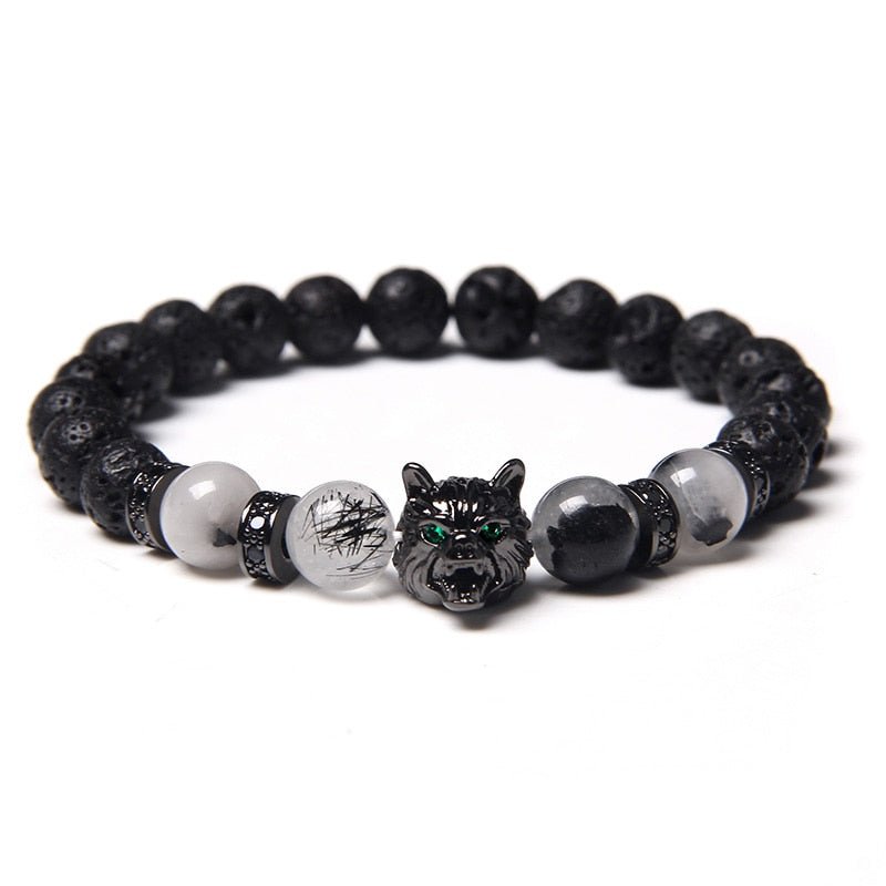 Wolf Charm Bracelets Men Natural Black Lava Stone - Bara Bros