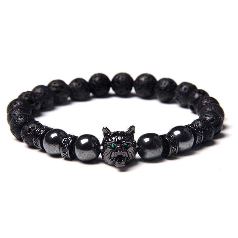 Wolf Charm Bracelets Men Natural Black Lava Stone - Bara Bros