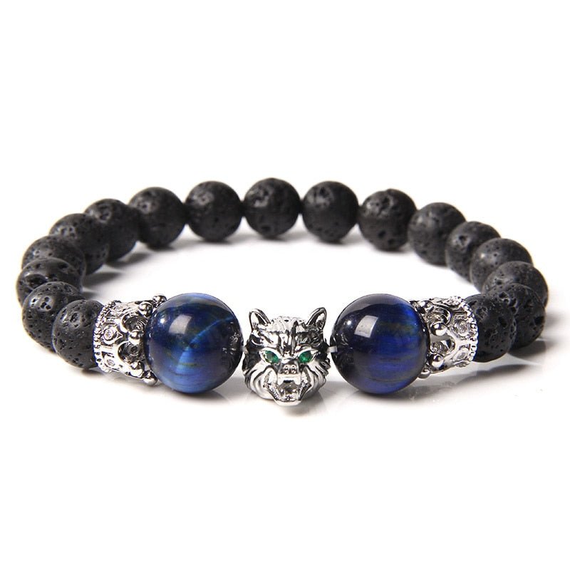 Wolf Charm Bracelets Men Natural Black Lava Stone - Bara Bros